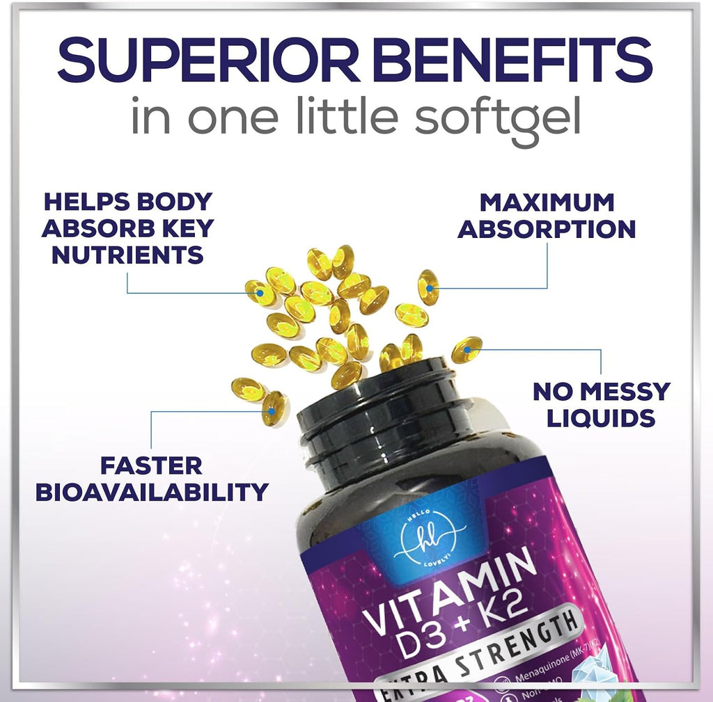 Vitamina D3 5000 IU con K2 MK-7 – 240 Cápsulas Blandas – Hello Lovely!