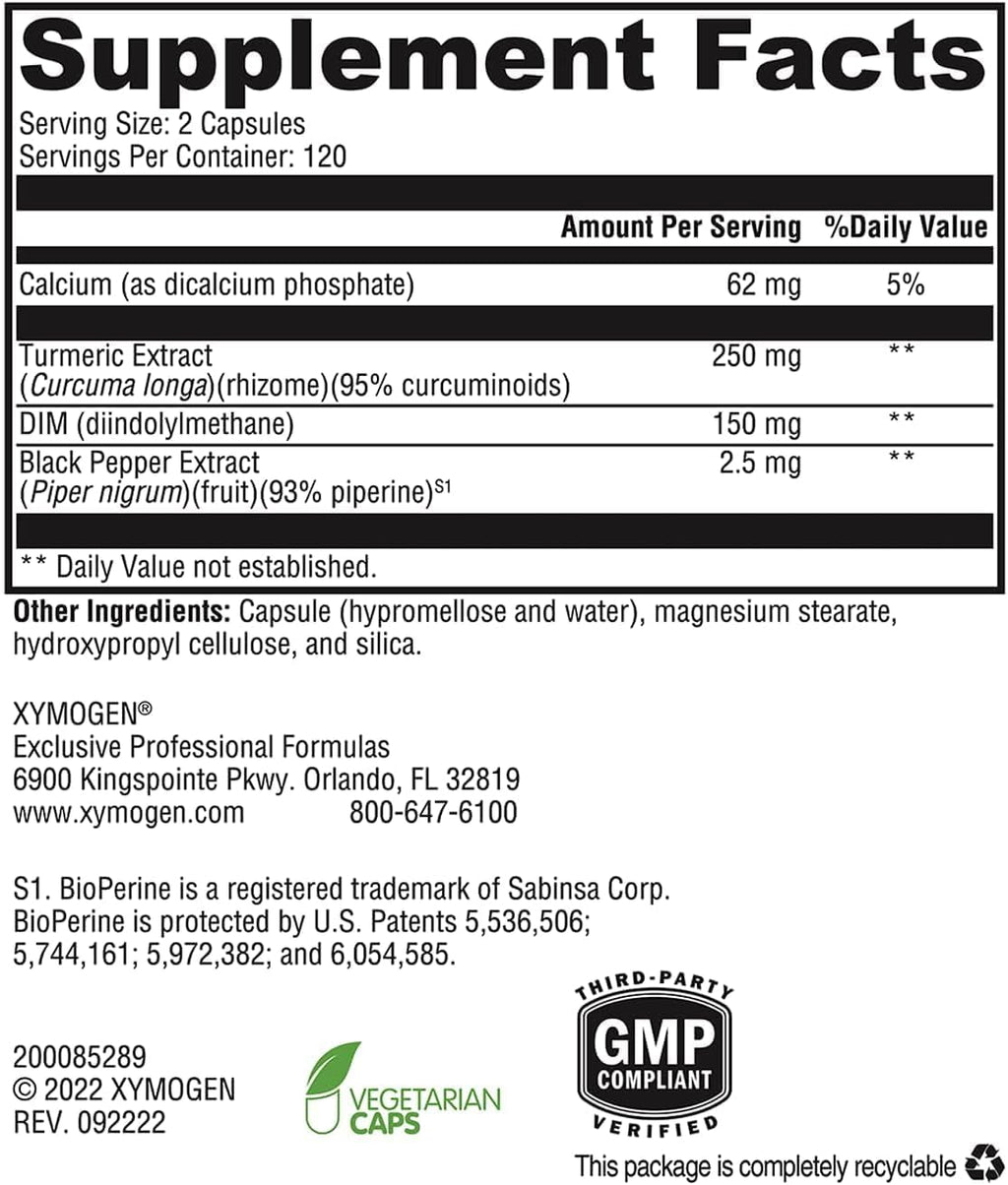 XYMOGEN Dimension 3 - DIM Suplemento para el Equilibrio Hormonal y Apoyo al Metabolismo de Estrógenos - con Curcumina y BioPerine - Sin Gluten - 240 Cápsulas