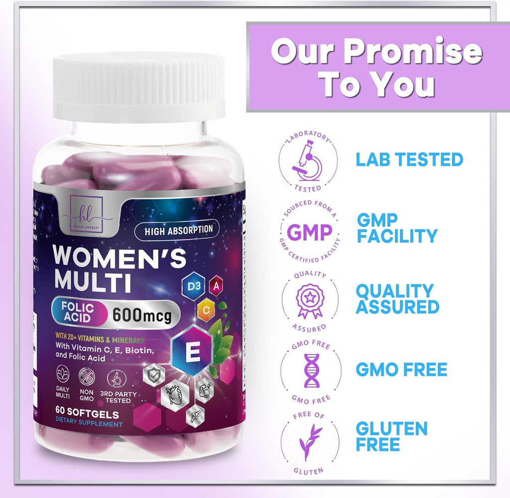 Multivitamínico para Mujeres - Completo Diario con Biotina, Calcio, Ácido Fólico, Hierro, Zinc, Vitaminas A, C, D, E y B - Suplemento para Piel, Cabello y Uñas - 60 Cápsulas Blandas