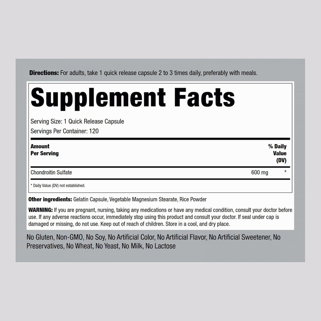 Piping Rock Sulfato de Condroitina | 600mg | 120 Cápsulas | No Transgénico, Sin Gluten