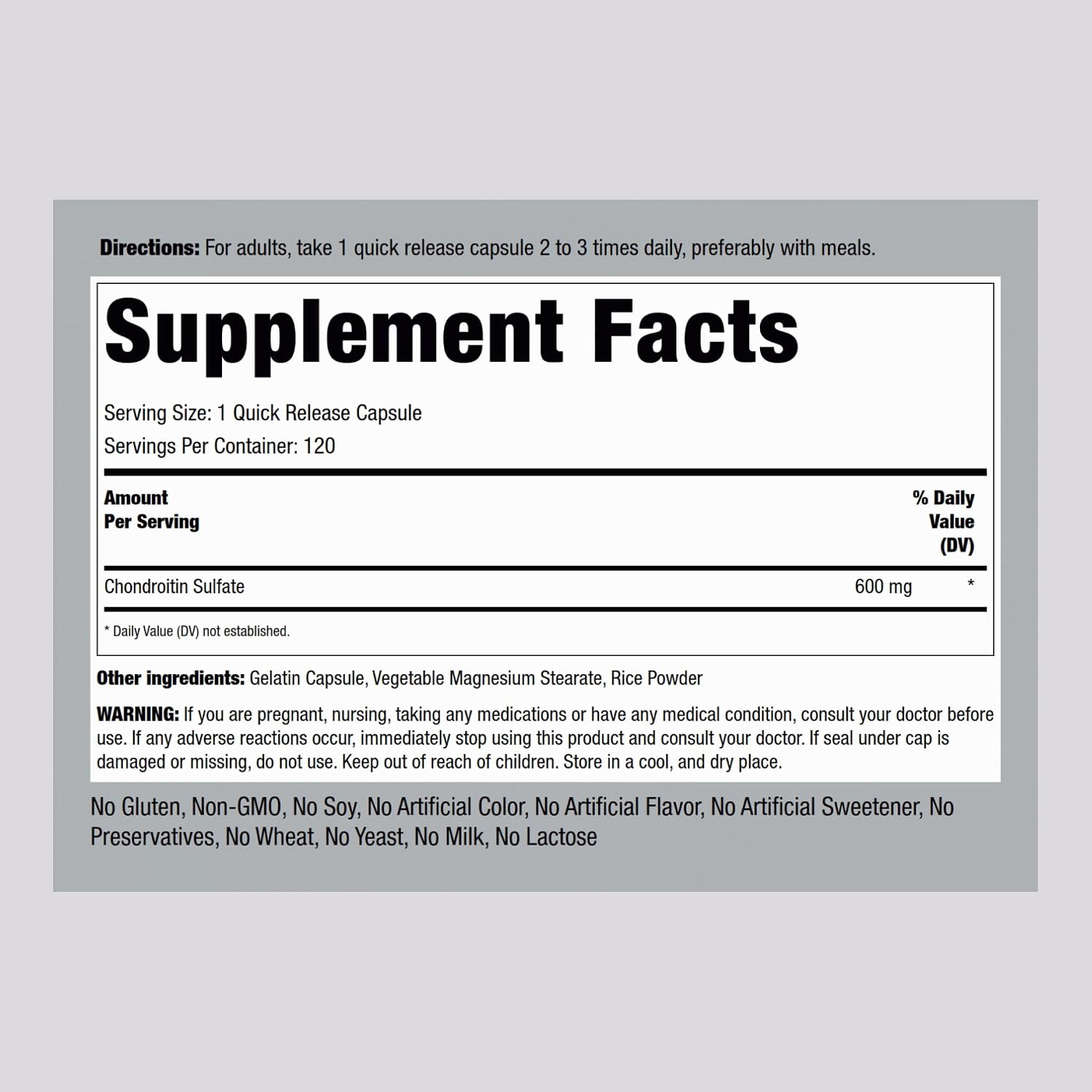 Piping Rock Sulfato de Condroitina | 600mg | 120 Cápsulas | No Transgénico, Sin Gluten