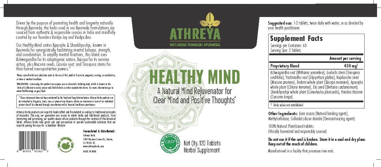 Athreya Herbs Healthy Mind Tablets - 120 Comprimidos - Complemento para la Salud Cerebral