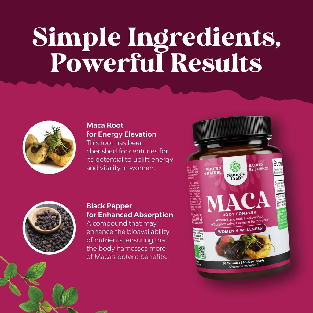 Cápsulas de Maca para Mujer – Mezcla de Maca Roja, Amarilla y Negra – 60 Cápsulas