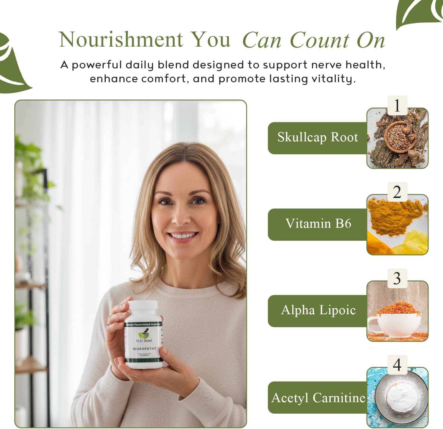 Neuropathy - Mezcla Natural para el Alivio del Dolor Nervioso y Bienestar, Ácido Alfa Lipoico, L-Carnitina, Vitaminas B6 y B12, Raíz de Escutelaria, Acetil L-Carnitina, 30 Cápsulas