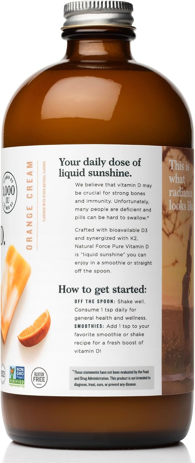 Natural Force Pure Vitamin D – Líquido D3 y K2 con MCT de Coco – 1,000 UI – Vegano – Sabor Naranja Crema – 473 ml