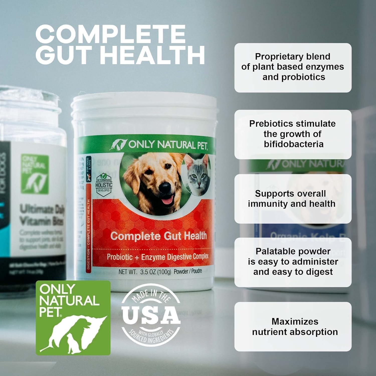 Only Natural Pet Complete Gut Health Complex - Probióticos y Enzimas Digestivas para Perros y Gatos - 99g (Pack de 2)