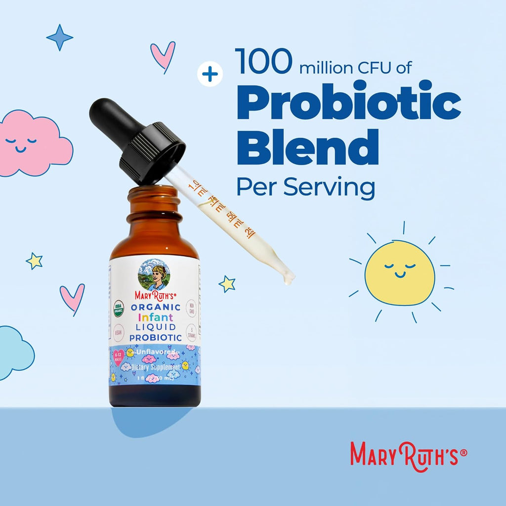 MaryRuth's Probiótico Líquido Orgánico para Bebés de 6 a 12 Meses | 100 Millones UFC | 5 Cepas | USDA Orgánico | Vegano | Sin Sabor | 30 ml
