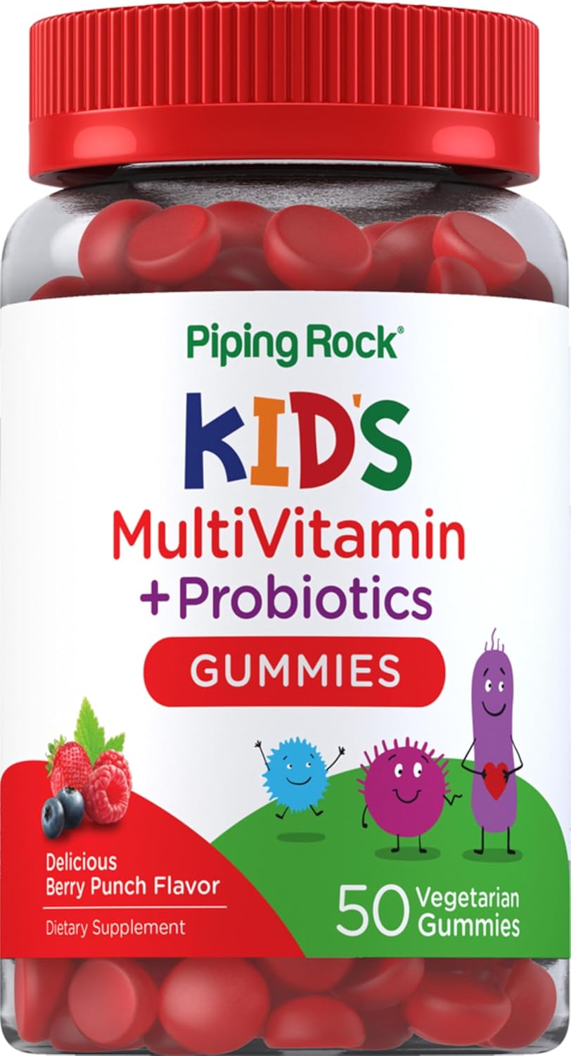 Piping Rock Kid's Multivitamin Gummies with Probiotics | 50 Berry Punch Chewables | Without Iron | Vegetarian, Non-GMO, Gluten Free Children's Supplement