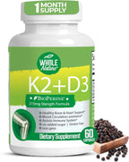 Whole Nature Vitamina D3 + K2 MK-7 con BioPerine - 5000 UI D3 + K2 MK-7 para Huesos - 60 Cápsulas Veganas