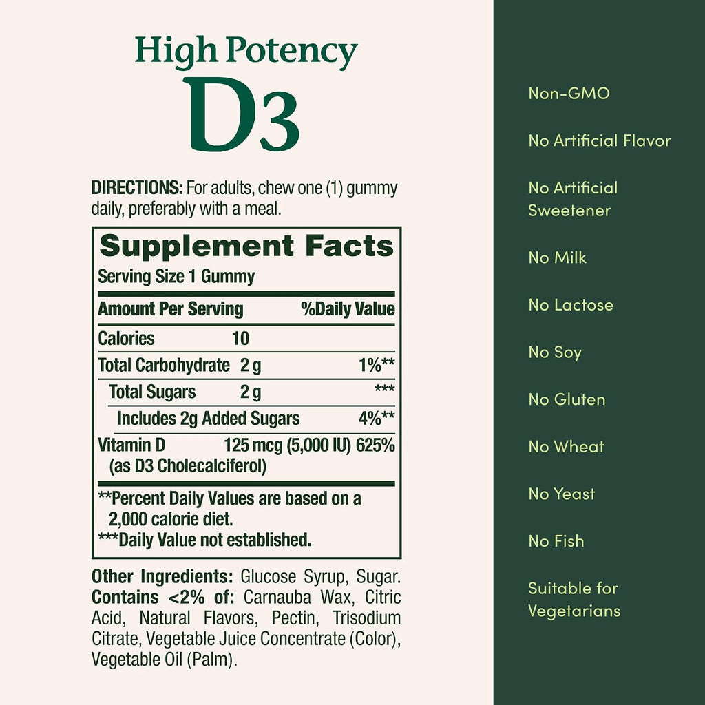 Nature's Bounty Vitamina D3 5000 UI Gominolas, Alto Potencia, Sabor Fresa, 60 Gominolas Vegetarianas