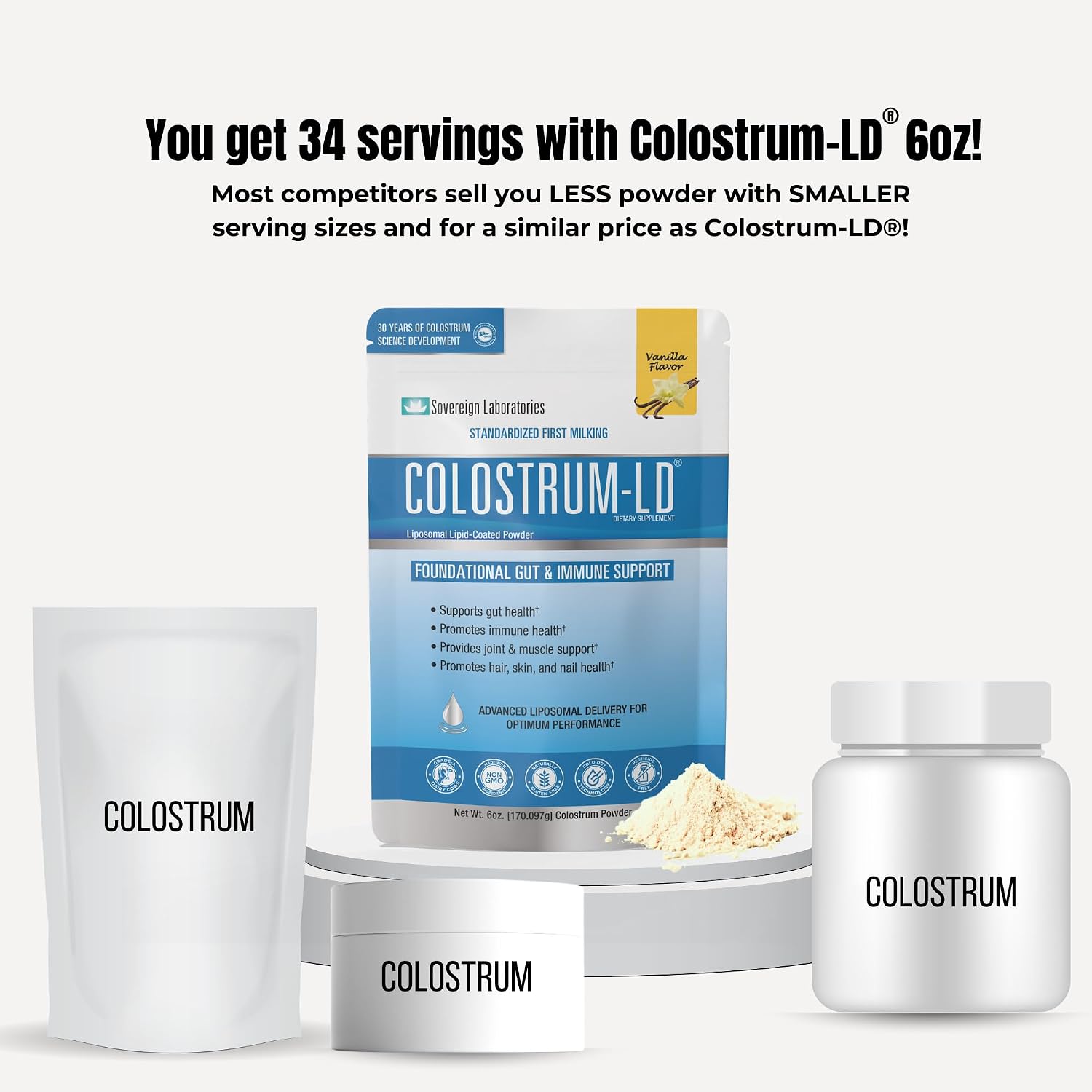 Colostrum-LD Liposomal Delivery - Calostro en Polvo - Sin Gluten, Bajo en Lactosa - 34 Dosis - Sovereign Laboratories - 170 g Vainilla