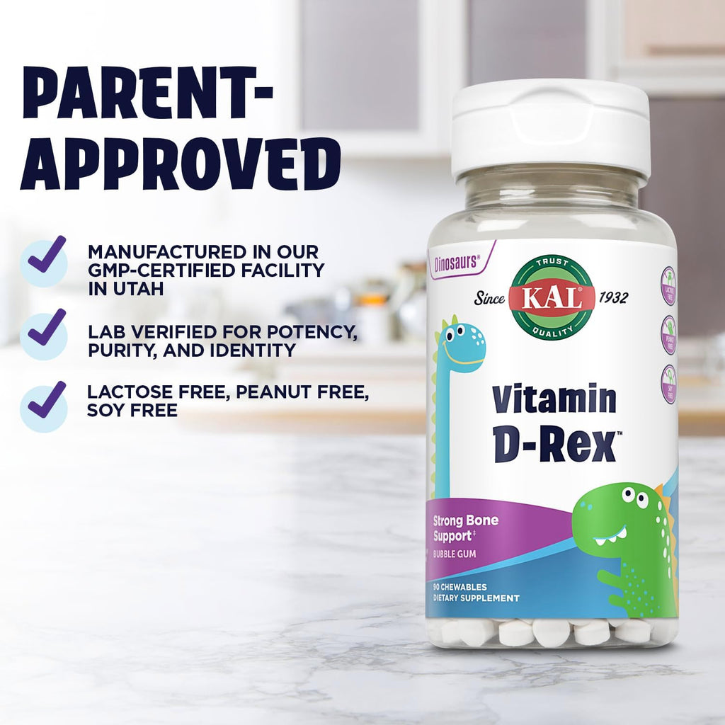 KAL Vitamin D-Rex Chewable for Kids, Vitamin D3 400 IU, Bubblegum Flavored, 90 Dinosaur Shaped Tablets