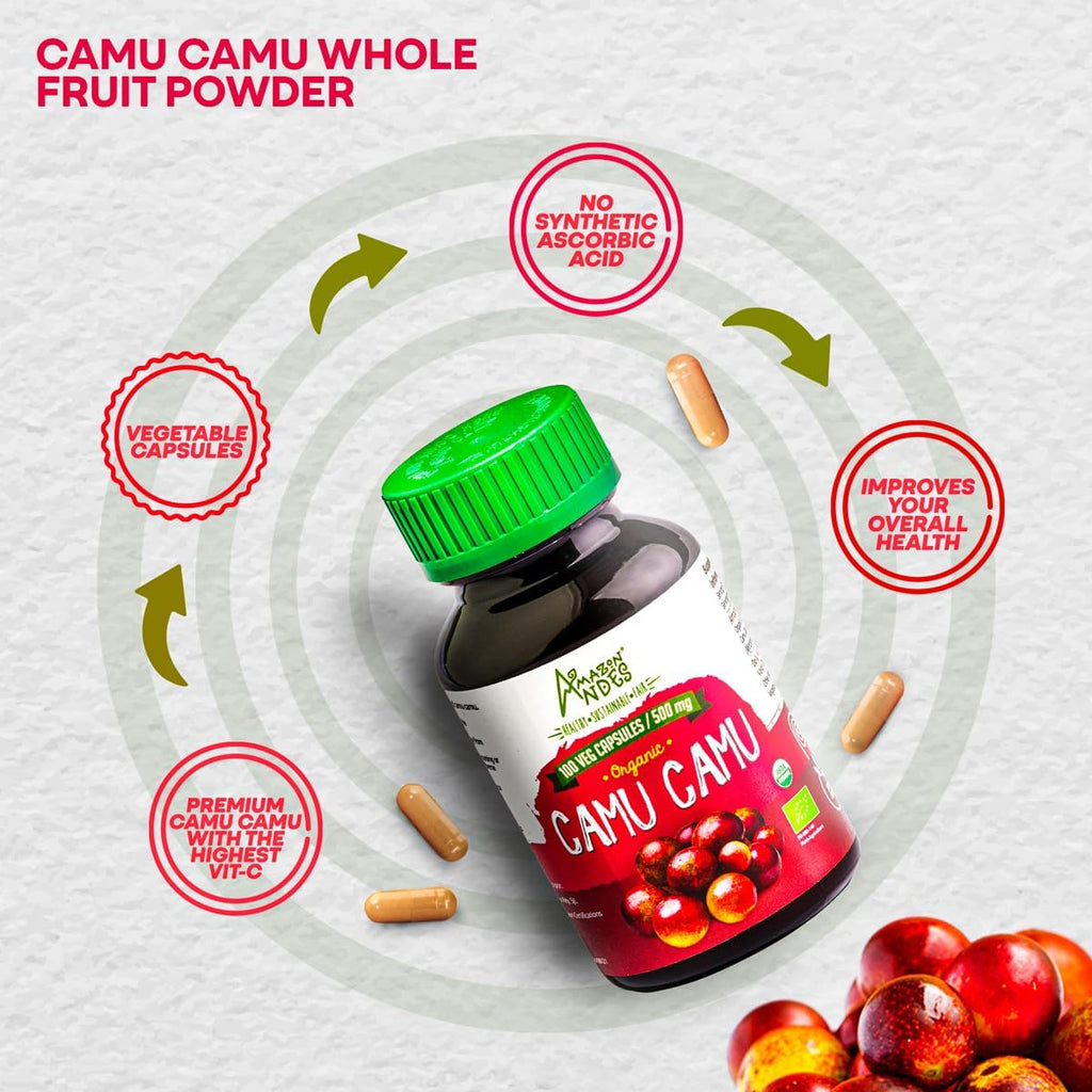 Amazon Andes Camu Camu en Cápsulas 500mg - Vitamina C Natural de la Selva Amazónica Peruana - 100 Cápsulas Vegetarianas
