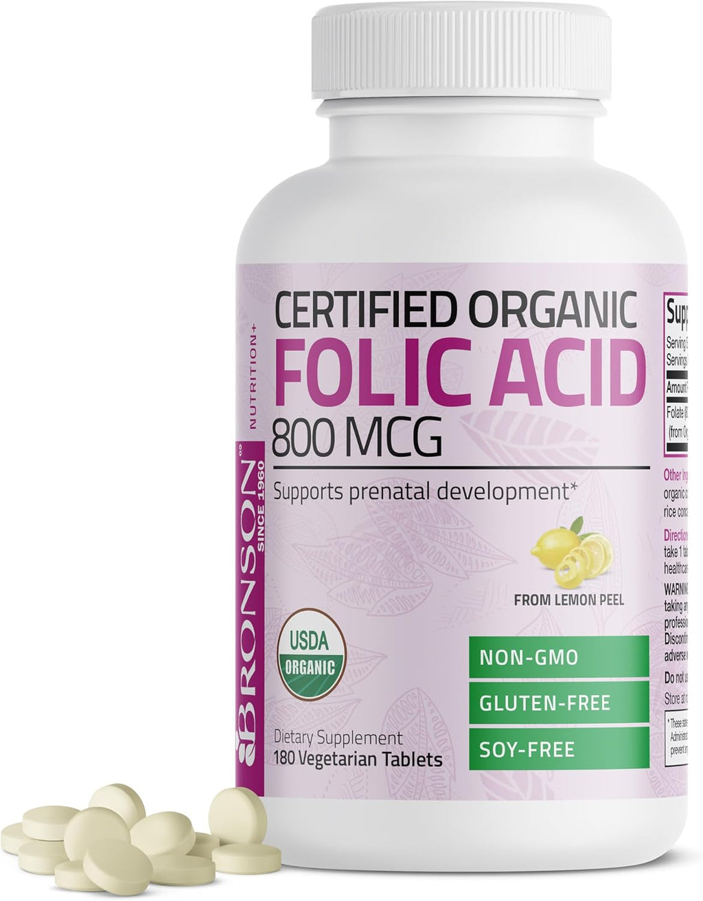 Bronson Ácido Fólico Orgánico (Vitamina B9 Folato) 800 mcg, 180 Comprimidos