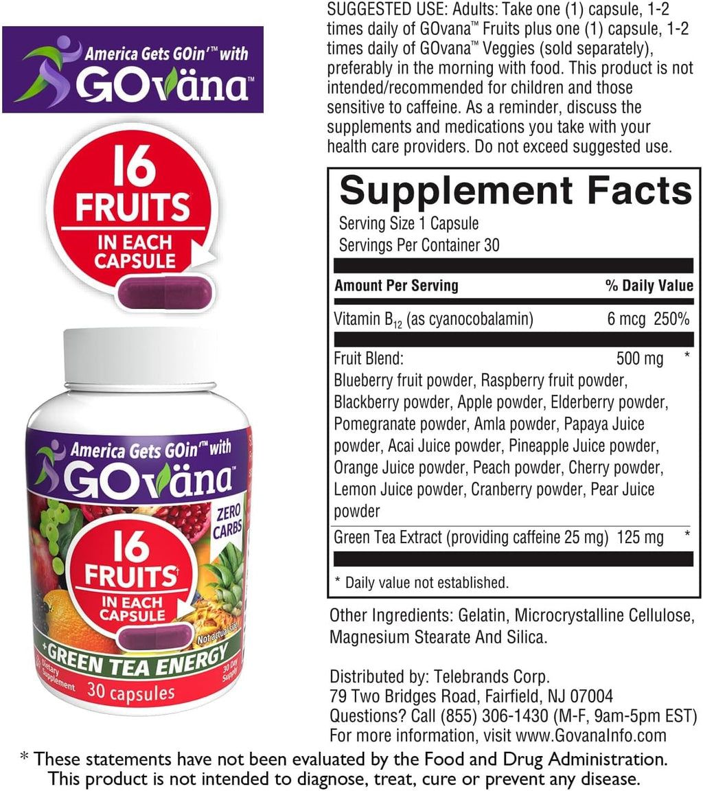 GOVANA Fruits & Veggies - Suplemento con 16 Frutas y 16 Verduras, Té Verde y B12, Cero Carbohidratos