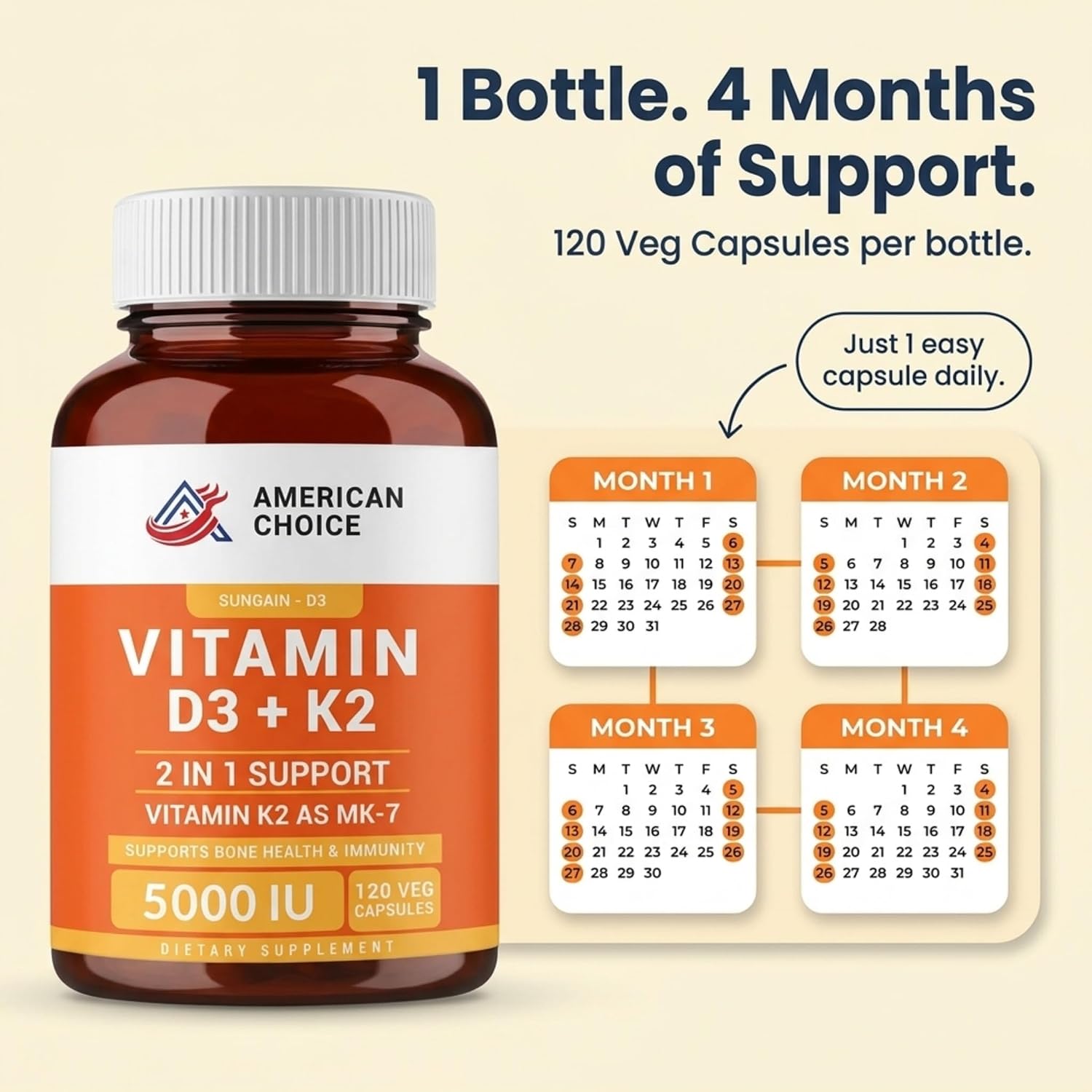 American Choice Vitamina D3 5000 UI + K2 (MK-7) 100 mcg – 120 Cápsulas