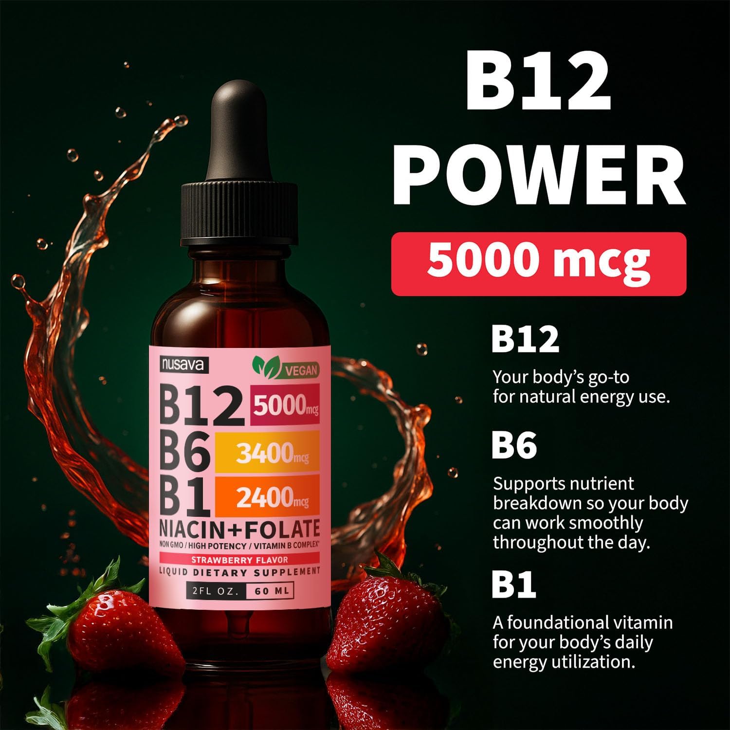 NUSAVA (Pack de 2) Gotas Líquidas de Vitamina B12 5000mcg - B12 Sublingual con B6 y Complejo B - Metilcobalamina para Mujeres y Hombres - Suplemento Vegano, No GMO, Sabor Fresa (2 Fl Oz, 80 Porciones)