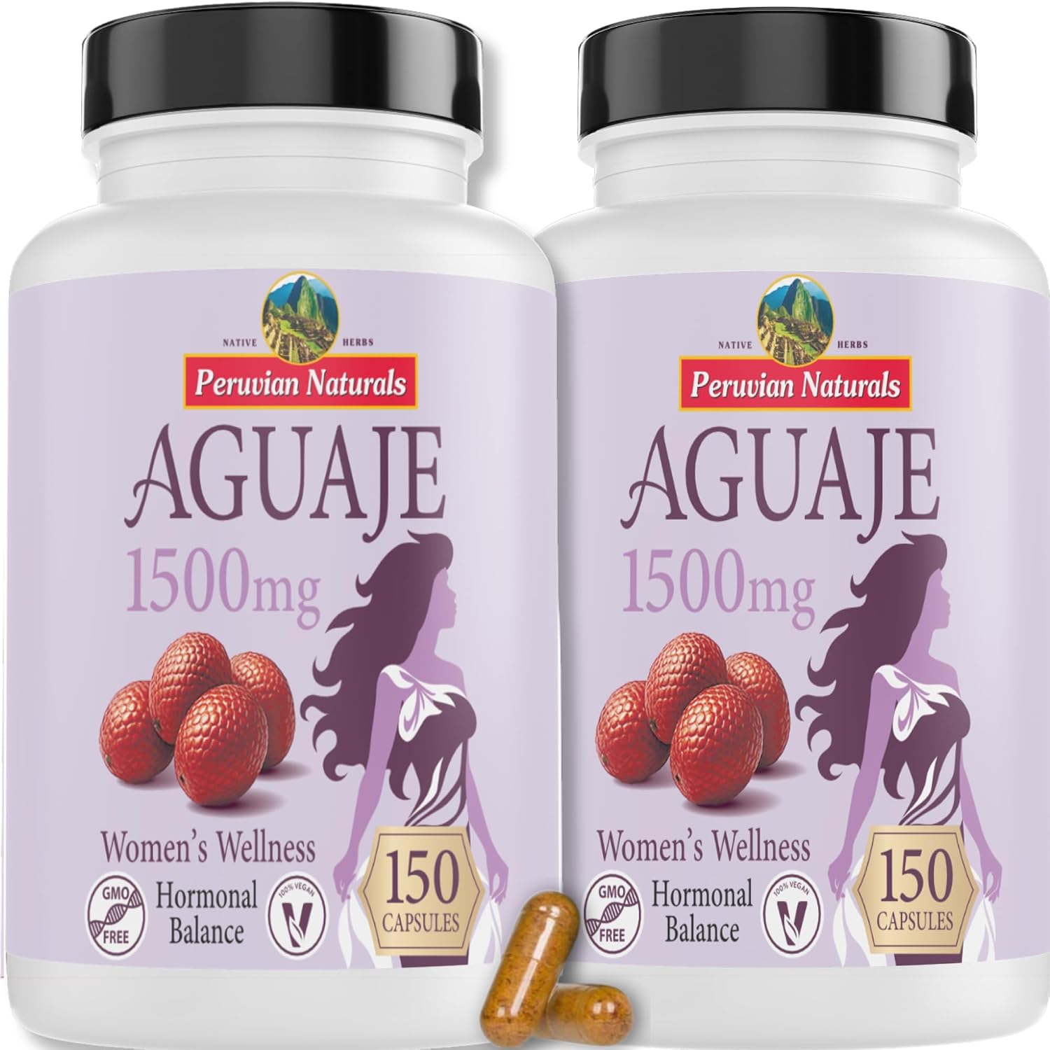 Peruvian Naturals Aguaje Cápsulas para Mujeres, 300 Comprimidos – Curvas Naturales para la Salud Femenina, Fruta Buriti, No-GMO, Vegano, Pack de 2