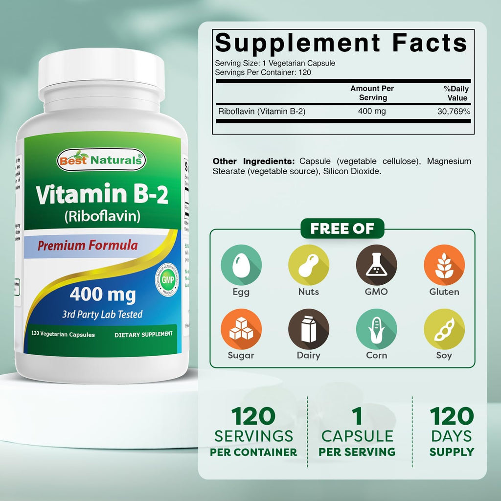 Best Naturals Vitamina B2 (Riboflavina) 400 mg - Cápsulas Vegetales - Pack de 2 (120 cápsulas cada uno)