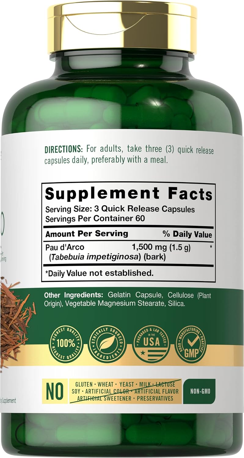 Carlyle Pau D'Arco Cápsulas | 1500 mg | 180 Unidades | Suplemento Herbal | No OGM, Sin Gluten