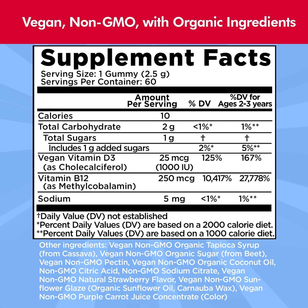 Gominolas de Vitamina D3 y B12 de Dr. Danielle | Suplemento Vegano para Adultos y Niños | 1000 UI de D3 + 250 mcg de B12 | 60 Gominolas (2 Meses)