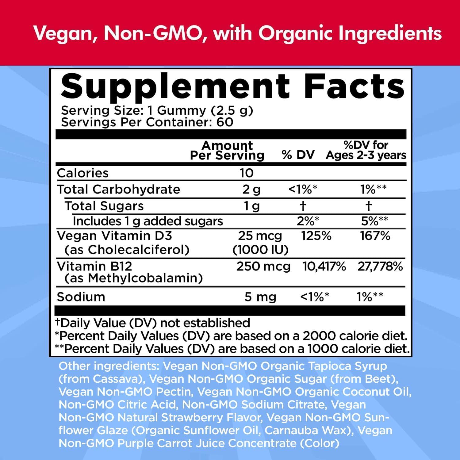 Gominolas de Vitamina D3 y B12 de Dr. Danielle | Suplemento Vegano para Adultos y Niños | 1000 UI de D3 + 250 mcg de B12 | 60 Gominolas (2 Meses)