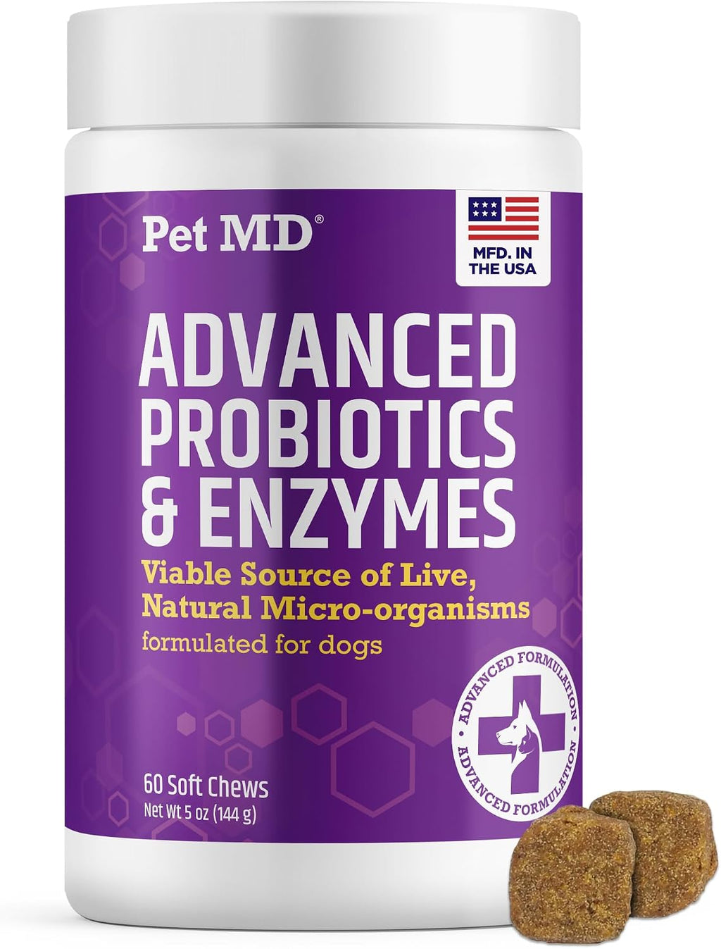Pet MD Probióticos y Enzimas para Perros - Masticables de Salud Intestinal con Prebióticos - 60 unidades