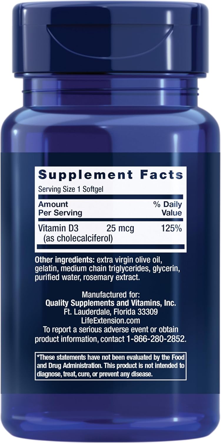 Life Extension Vitamina D3 25 mcg (1000 UI), 90 Cápsulas Blandas