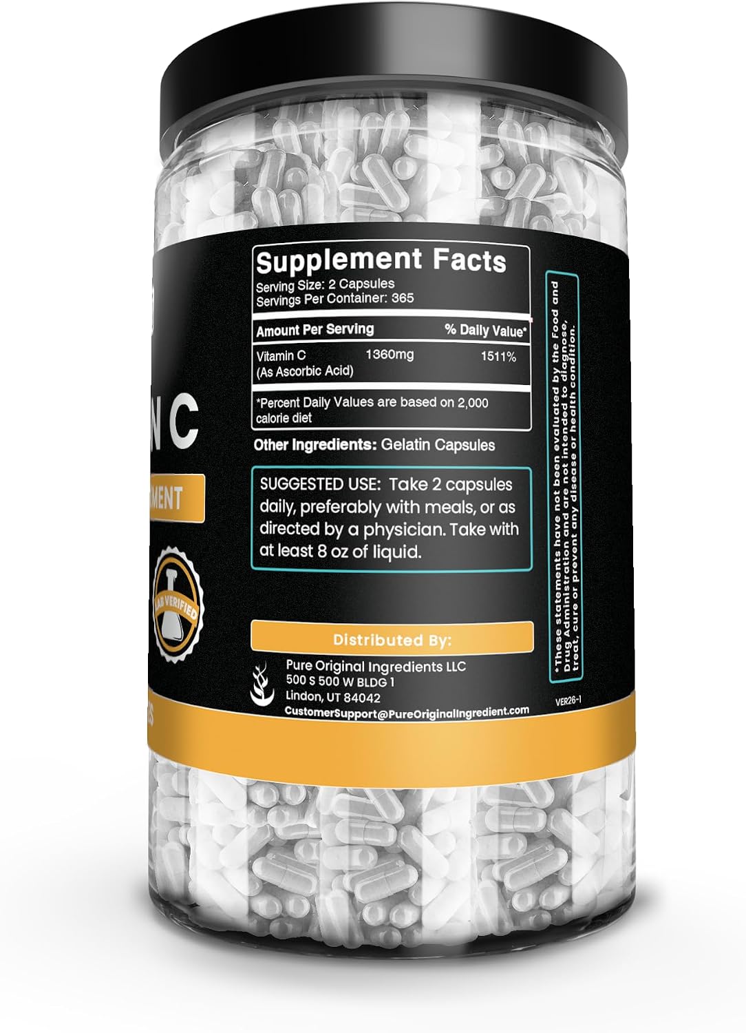 Pure Original Ingredients Vitamina C (730 Cápsulas) Sin Rellenos, Puro y Verificado en Laboratorio
