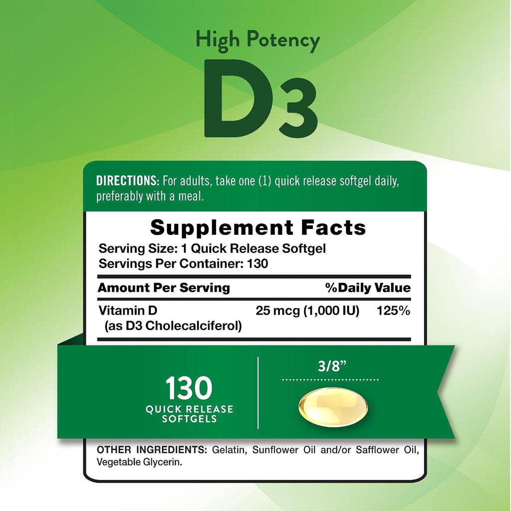 Nature's Truth Vitamina D3 1000 IU (25 mcg) - 130 Cápsulas Blandas - Sin Gluten y No-GMO