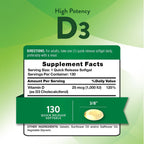 Nature's Truth Vitamina D3 1000 IU (25 mcg) - 130 Cápsulas Blandas - Sin Gluten y No-GMO