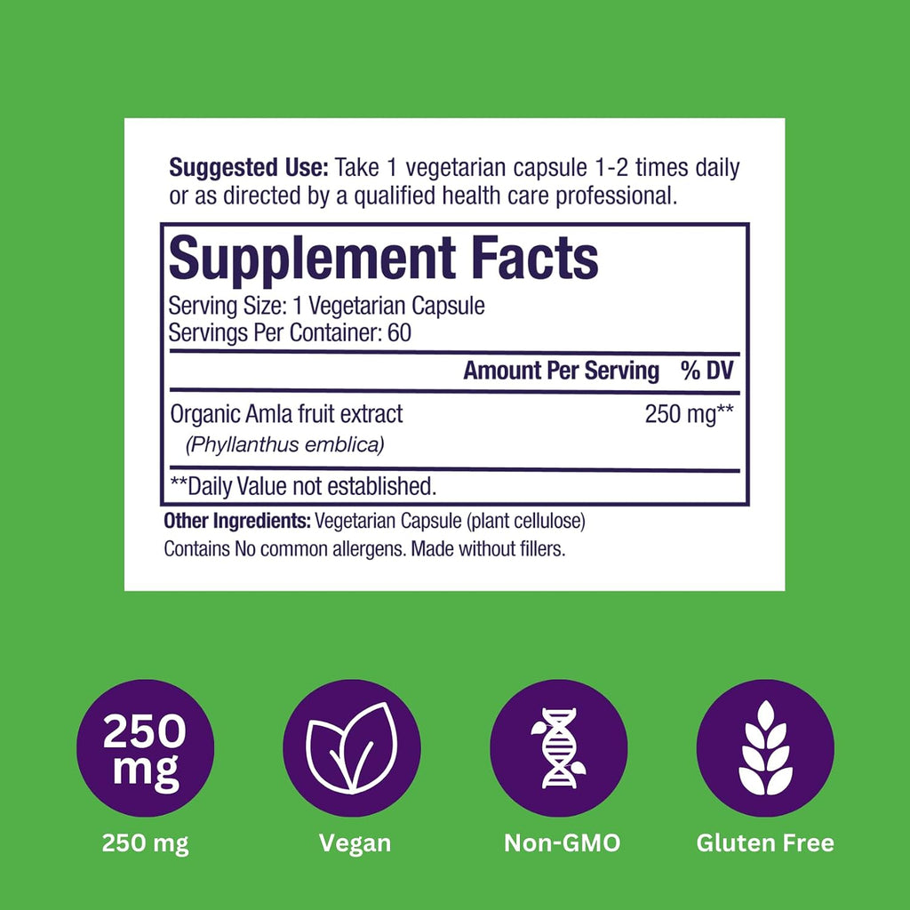 Paradise Herbs Amla – Organic Full-Spectrum Vitamin C, 250 mg, 60 Vegetable Capsules