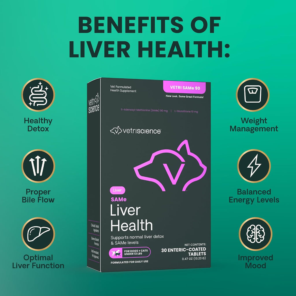 VetriScience SAMe Liver Health Tablets para Gatos y Perros Pequeños – 90 mg S-Adenosil Metionina, 30 tabletas