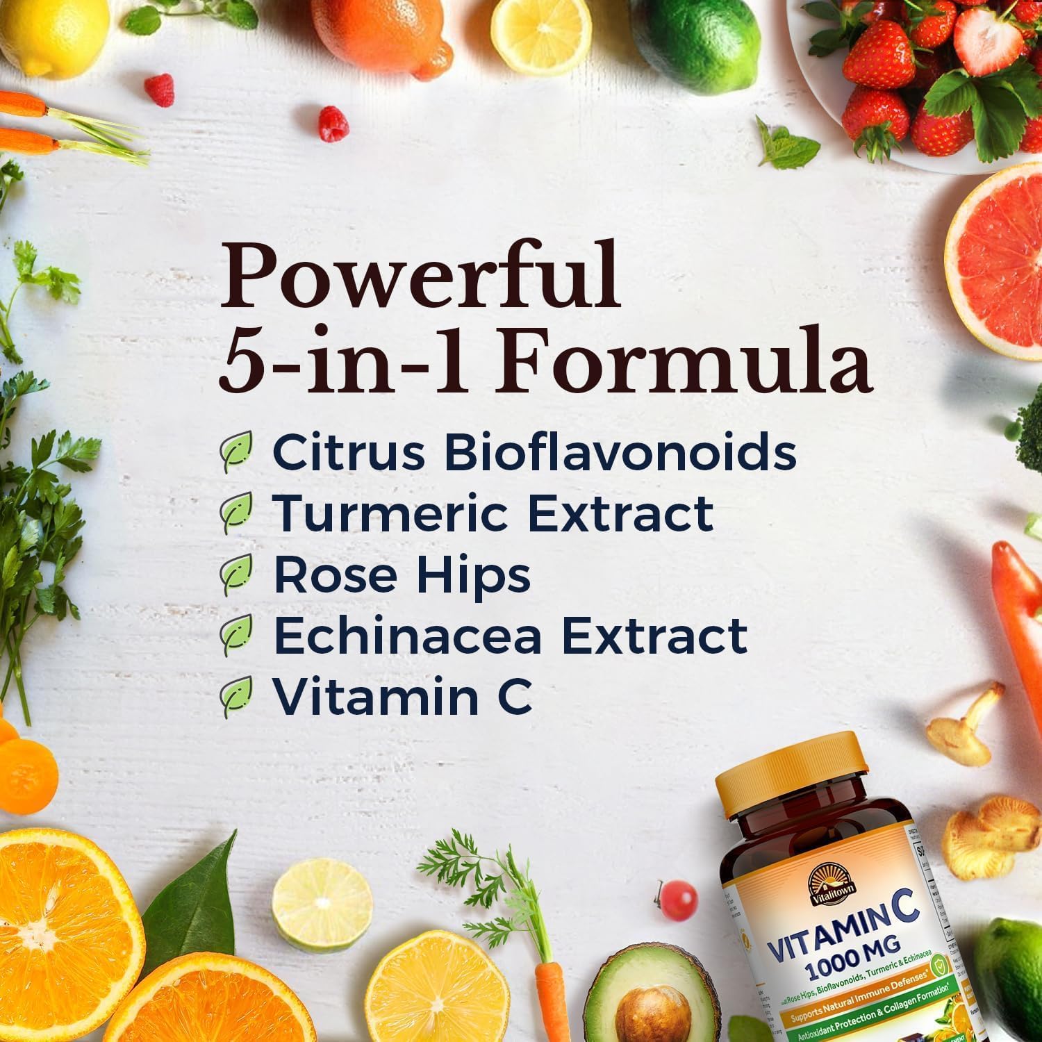 Vitalitown Complejo de Vitamina C 1000 mg con Escaramujo, Bioflavonoides, Cúrcuma y Equinácea - 90 Comprimidos