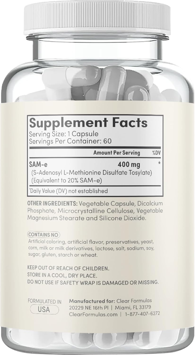Clear Formulas Bioactive SAM-e 400mg - 60 Cápsulas - S-adenosil-L-metionina
