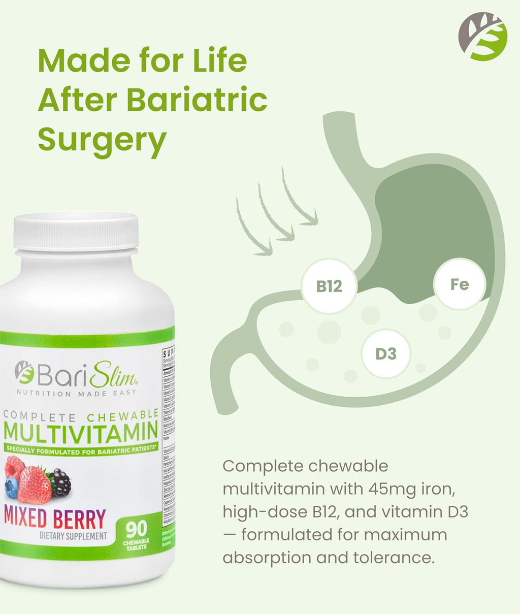 BariSlim Complete Multivitamínico Masticable para Bariátrica - 45 mg Hierro - 90 Comprimidos Sabor Bayas Mixtas