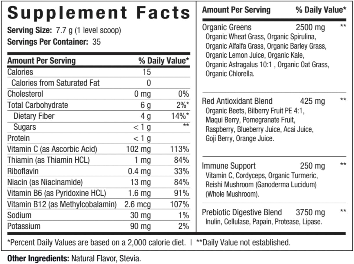 ES FIT Super Greens Powder - Mezcla de Superalimentos Rojos y Verdes con Antioxidantes, Vitaminas B, Ingredientes Orgánicos y Enzimas Digestivas