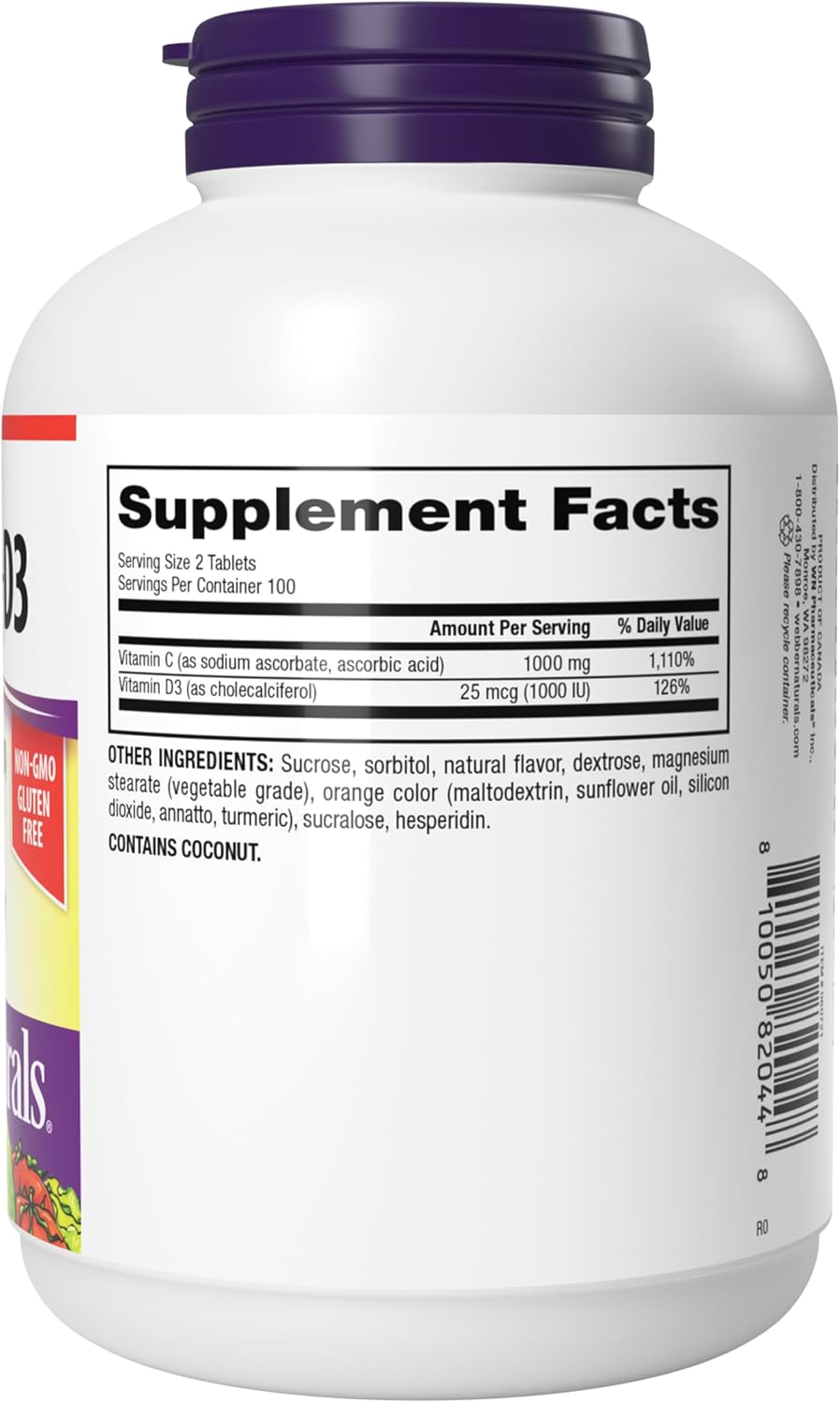 Webber Naturals Vitamina C + D3 Masticable, 200 Comprimidos - Sabor Naranja Natural, 1000 mg de Vitamina C y 1000 UI de Vitamina D3 por Dosis