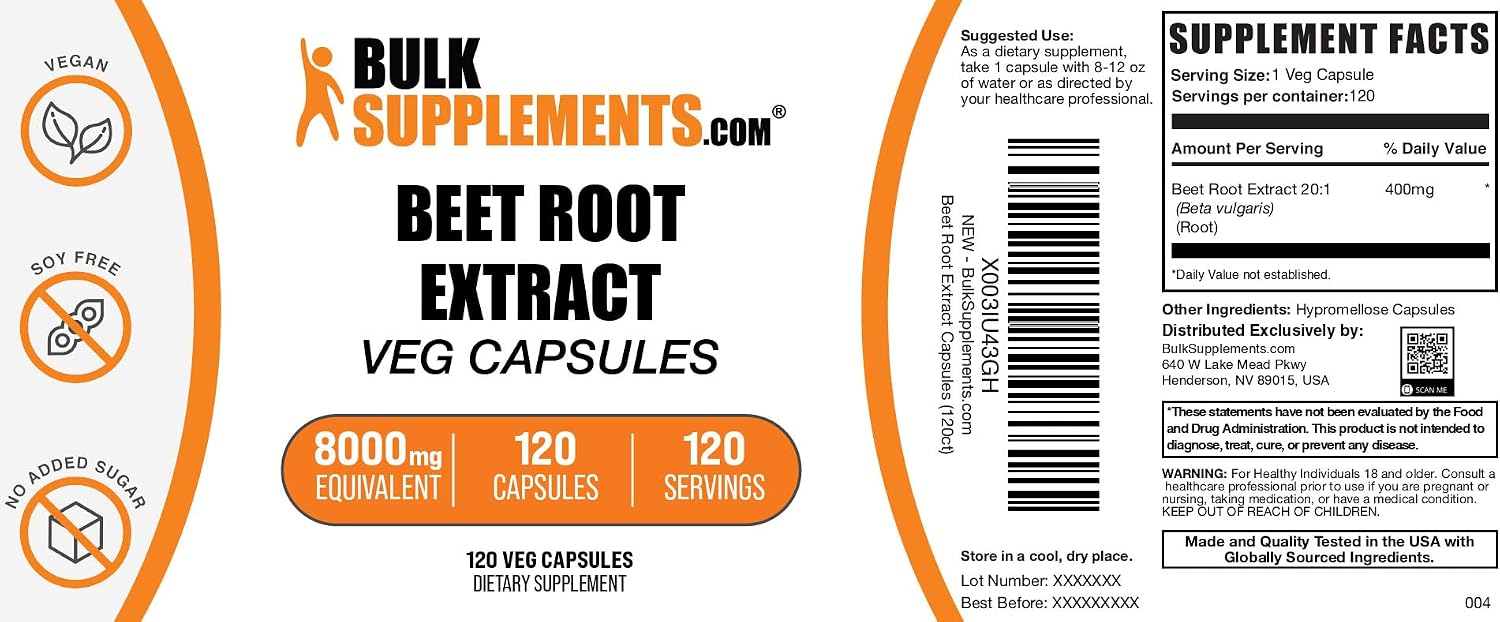 Cápsulas de Extracto de Remolacha - 400mg, 120 Cápsulas (Vegano, Sin Gluten)