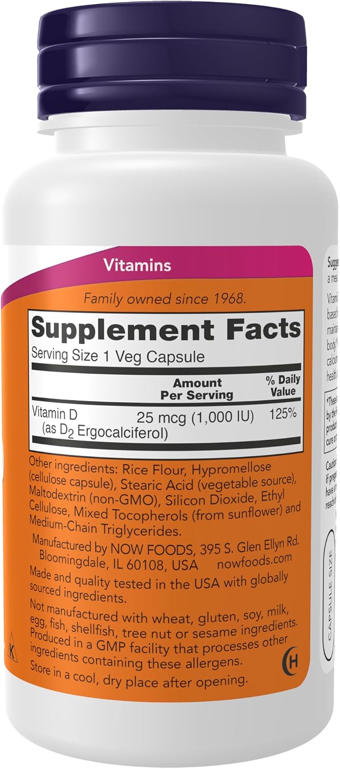 NOW Foods Vitamina D2 1.000 UI – Ergocalciferol – 120 Cápsulas Vegetales