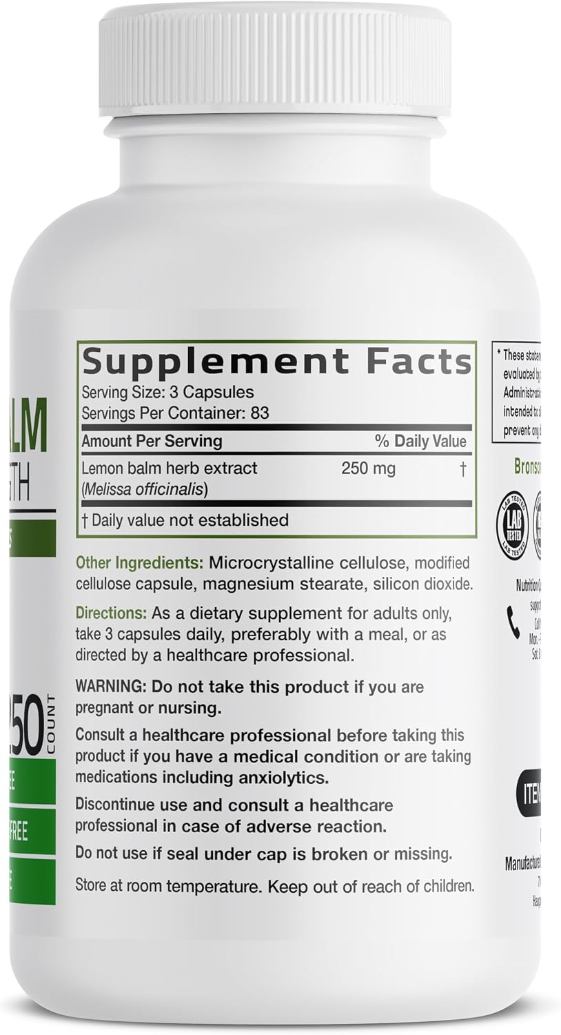 Bronson Melisa Lemon Balm Extra Fuerte, 250 Cápsulas Vegetales