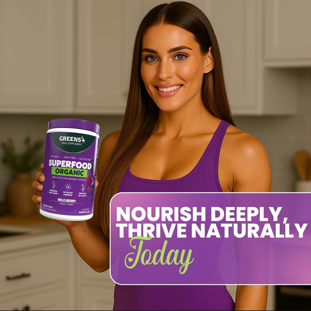 Greens+ Organic Wild Berry Superfood Powder - Suplemento vegano con antioxidantes, energía y vitalidad (240 g)