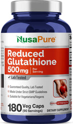Reduced Glutathione 500mg 180 Veggie Capsules (Vegan, Non-GMO) - NusaPure