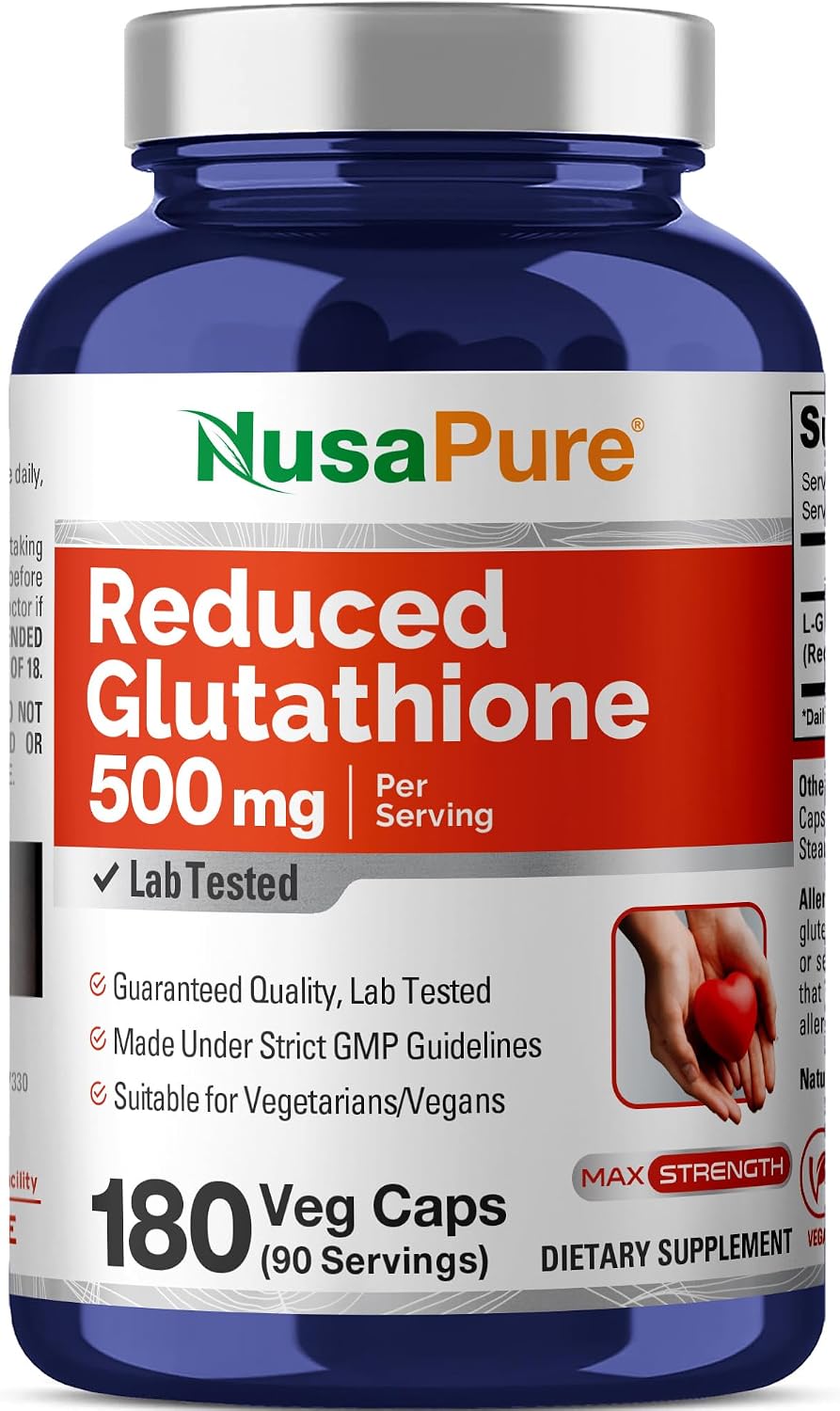 Reduced Glutathione 500mg 180 Veggie Capsules (Vegan, Non-GMO) - NusaPure