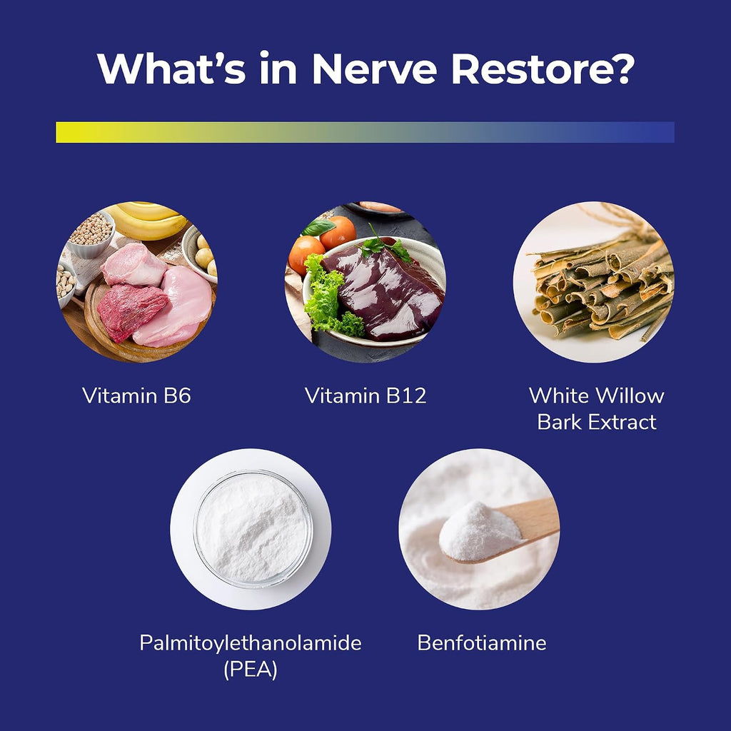 Nerve Restore - Suplemento para el Soporte Nervioso con PEA, Corteza de Sauce Blanco y Complejo de Vitaminas B - 180 Cápsulas
