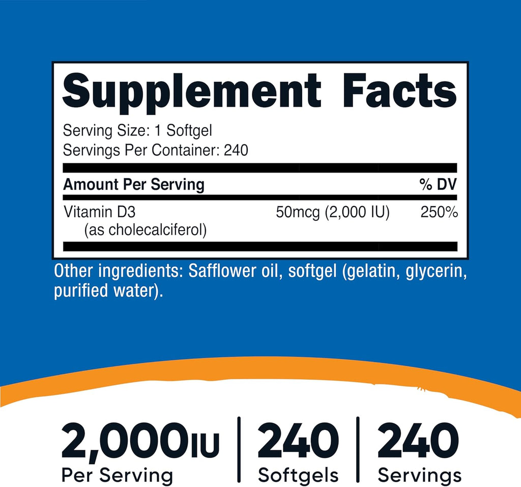 Nutricost Vitamina D3 2000 UI Softgels, 240 Cápsulas Blandas - No GMO y Sin Gluten