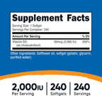 Nutricost Vitamina D3 2000 UI Softgels, 240 Cápsulas Blandas - No GMO y Sin Gluten