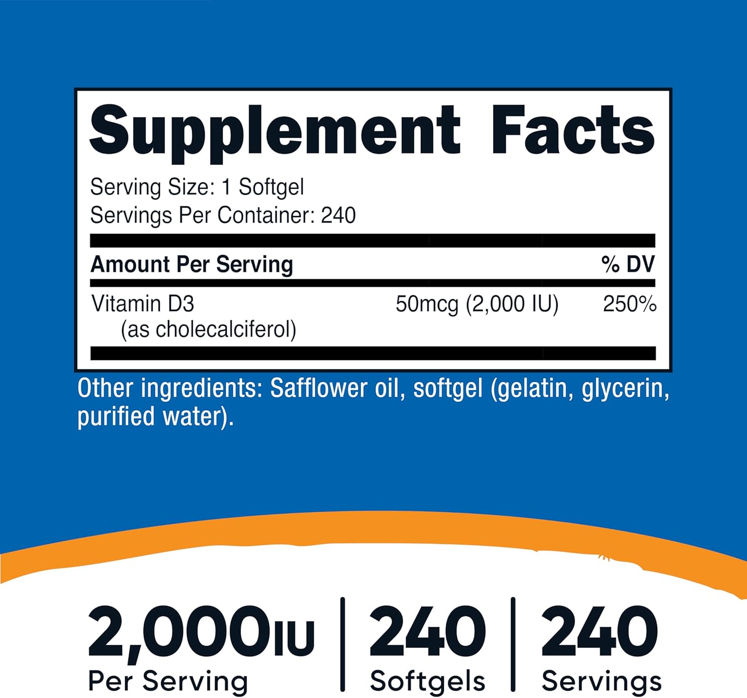 Nutricost Vitamina D3 2000 UI Softgels, 240 Cápsulas Blandas - No GMO y Sin Gluten