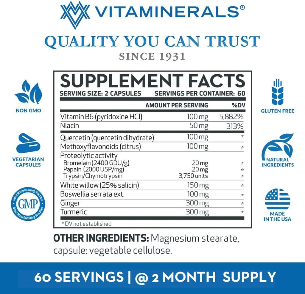 Vitaminerals® 121+ Inflamax® Plus | Quercetina | Enzimas Proteolíticas | Jengibre | Cúrcuma | 120 Cápsulas Vegetales