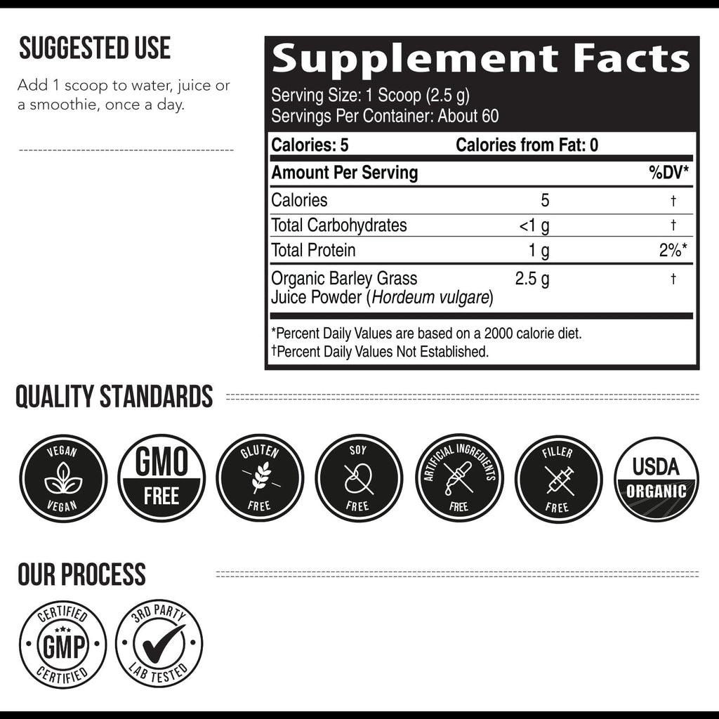 Organic Barley Grass Juice Powder - Cultivado en Suelo Volcánico de Utah - Forma Cruda y Bioactiva, Prensado en Frío y Secado con CO₂ – Sin Gluten, Sin OGM, Vegano - Complementa el Polvo de Jugo de Wheatgrass - 150 g